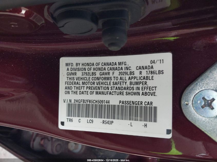 2012 Honda Civic Ex VIN: 2HGFB2F85CH509144 Lot: 43882654