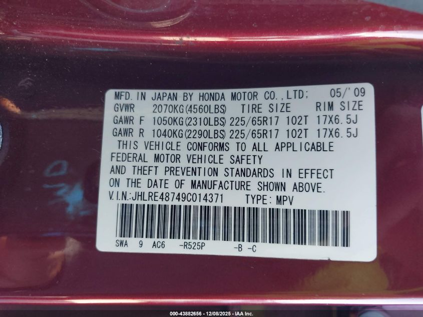 2009 Honda Cr-V Ex-L VIN: JHLRE48749C014371 Lot: 43882656