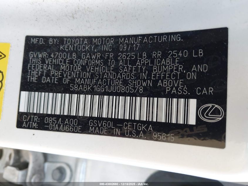 2018 Lexus Es 350 VIN: 58ABK1GG1JU080578 Lot: 43882660