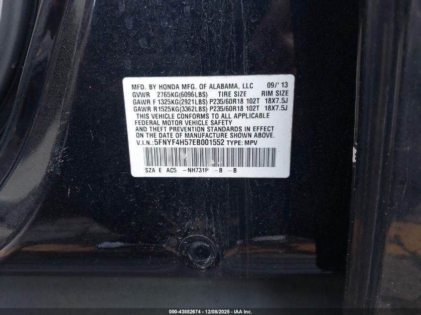 2014 Honda Pilot Ex-L VIN: 5FNYF4H57EB001552 Lot: 43882674