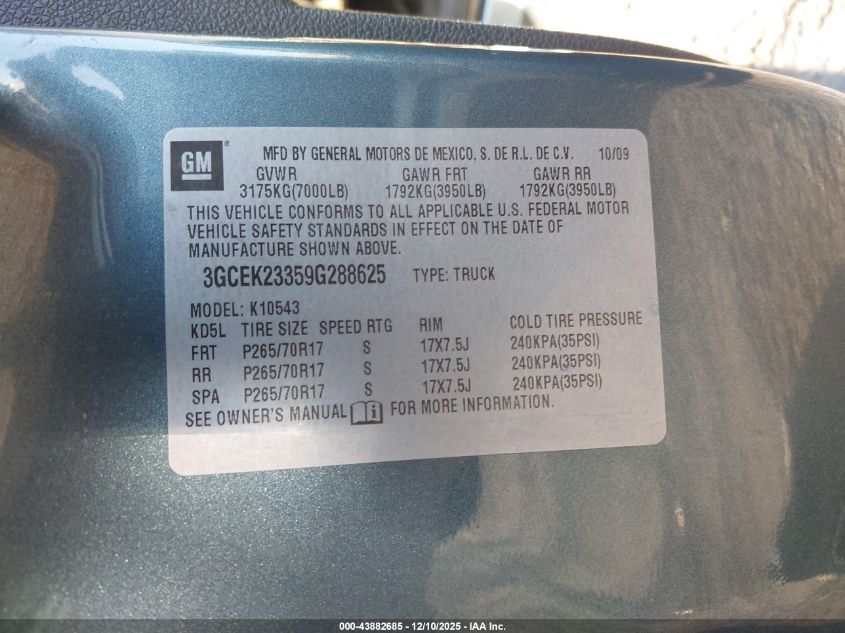 2009 Chevrolet Silverado 1500 Lt VIN: 3GCEK23359G288625 Lot: 43882685