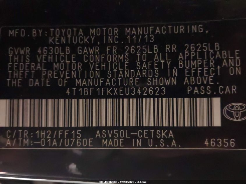2014 Toyota Camry Se VIN: 4T1BF1FKXEU342623 Lot: 43882689