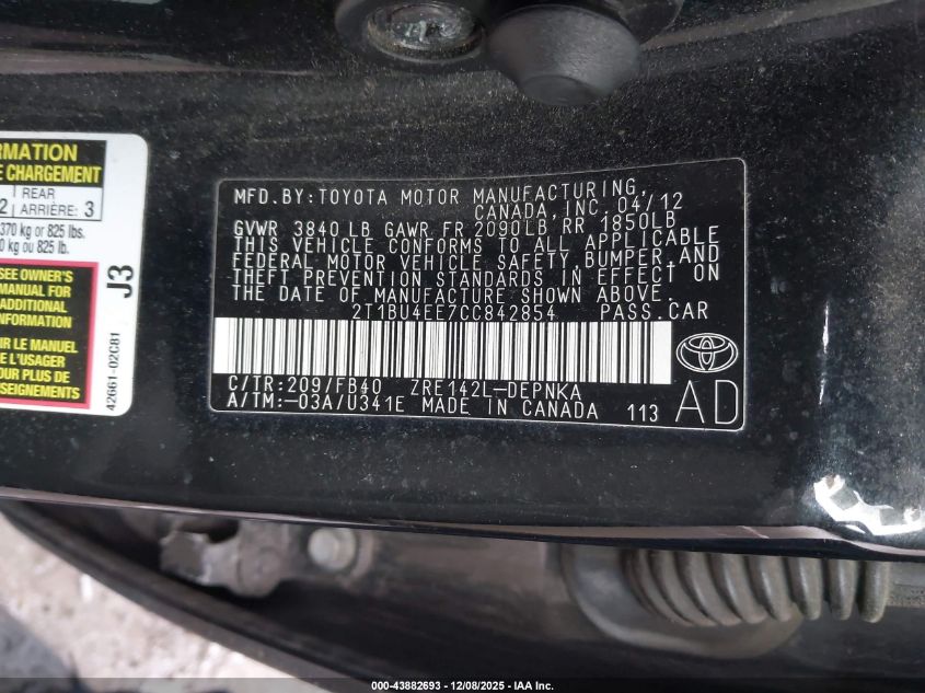 2012 Toyota Corolla Le VIN: 2T1BU4EE7CC842854 Lot: 43882693