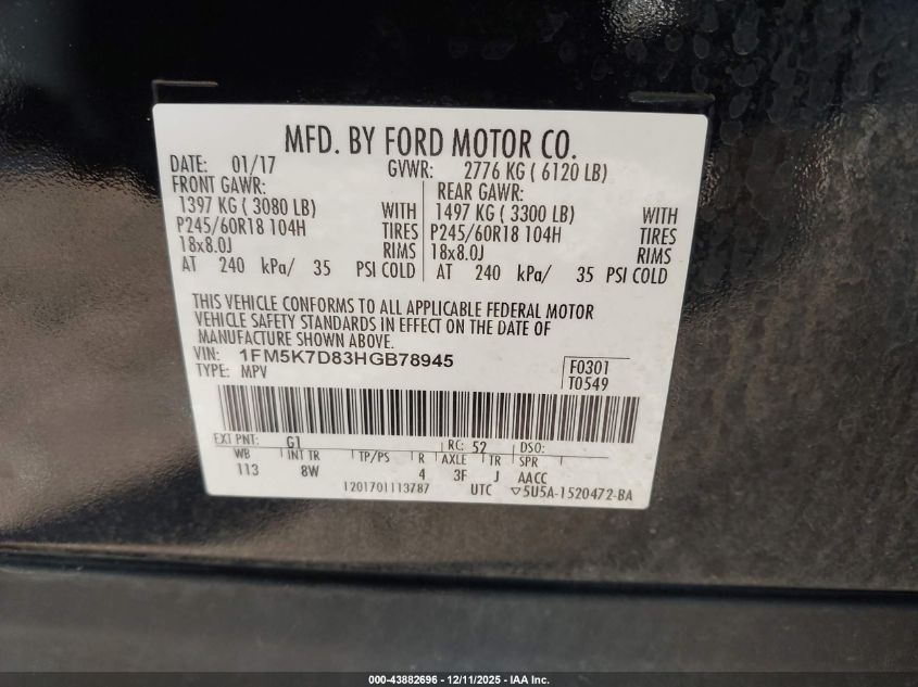 2017 Ford Explorer Xlt VIN: 1FM5K7D83HGB78945 Lot: 43882696