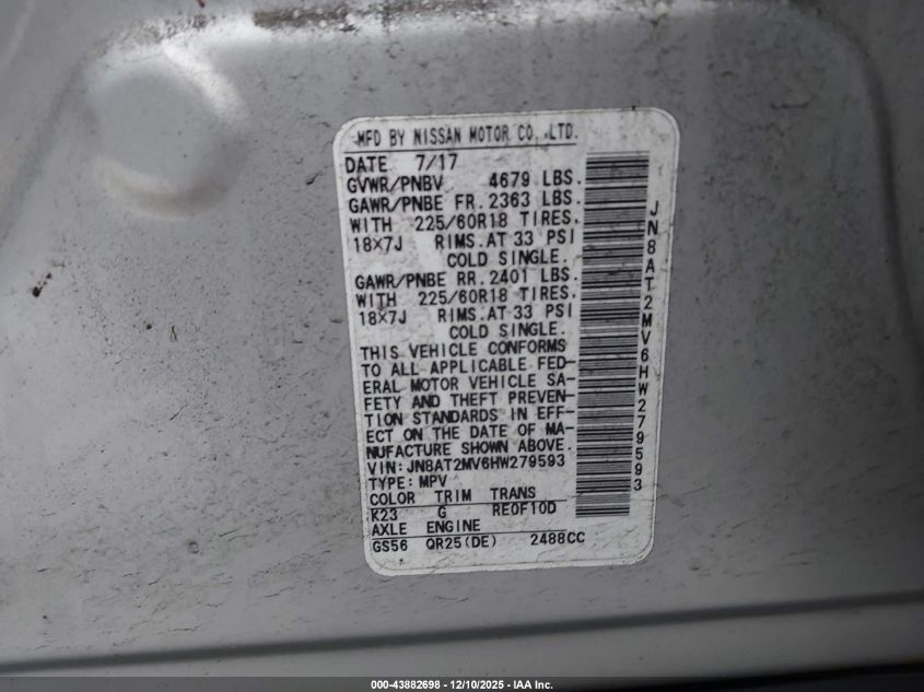 2017 Nissan Rogue Sl VIN: JN8AT2MV6HW279593 Lot: 43882698