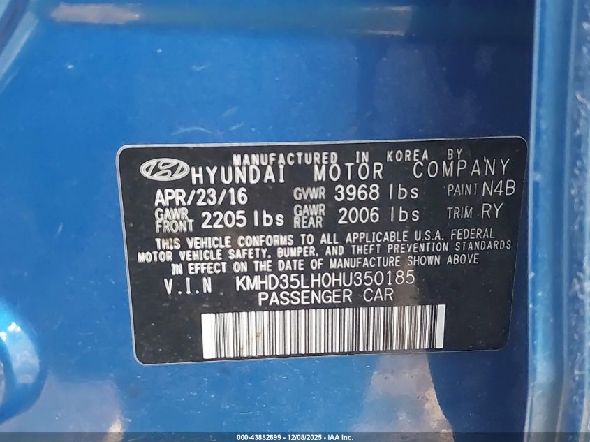 2017 Hyundai Elantra Gt VIN: KMHD35LH0HU350185 Lot: 43882699