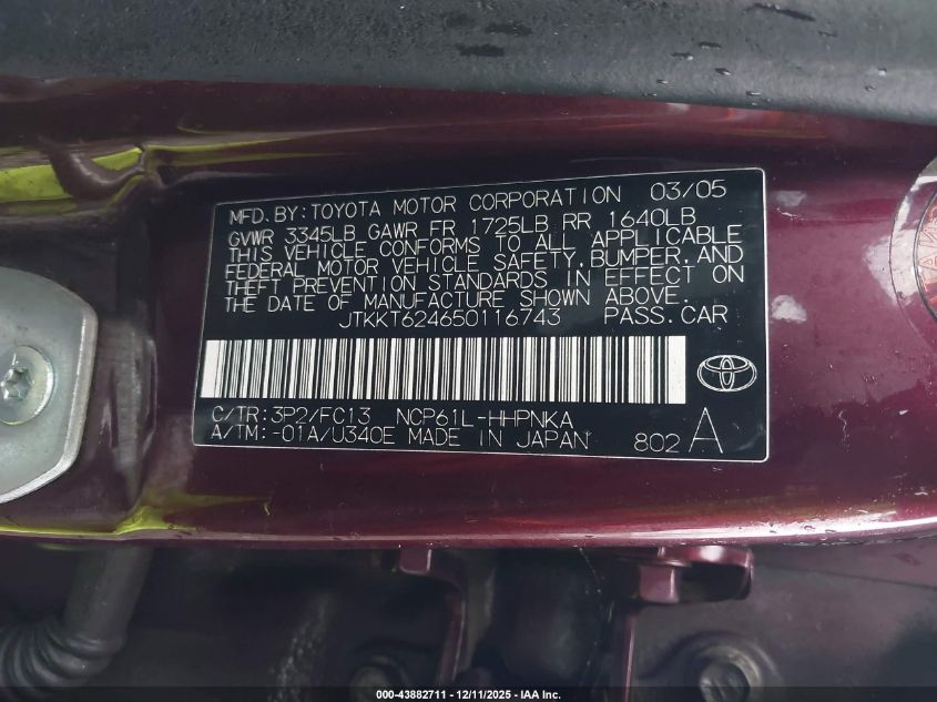 2005 Scion Xa VIN: JTKKT624650116743 Lot: 43882711