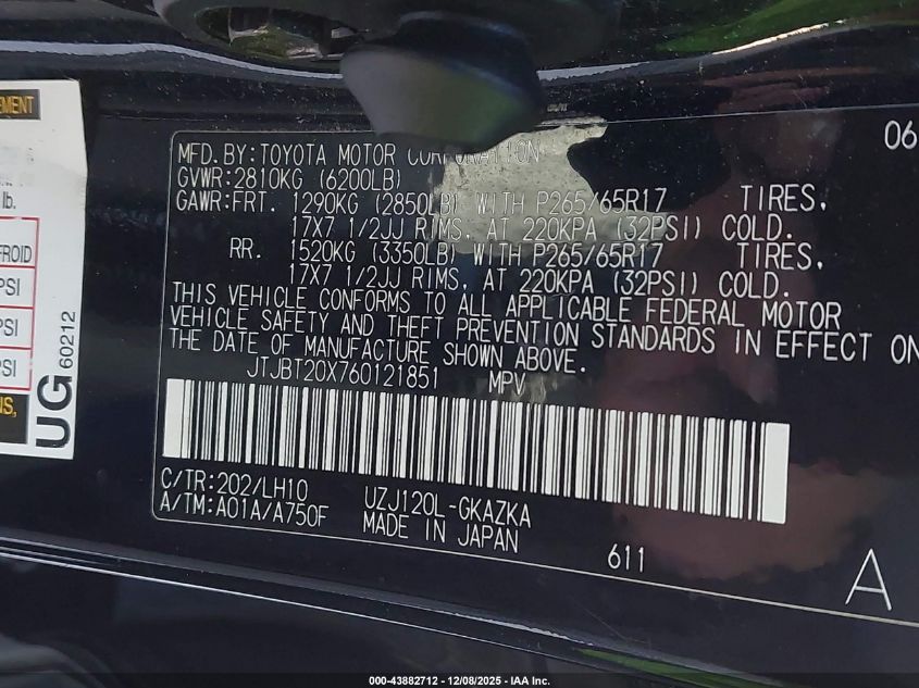 2006 Lexus Gx 470 VIN: JTJBT20X760121851 Lot: 43882712