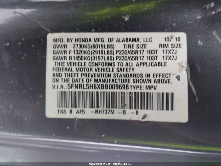 2011 Honda Odyssey Ex-L VIN: 5FNRL5H6XBB009698 Lot: 43882715