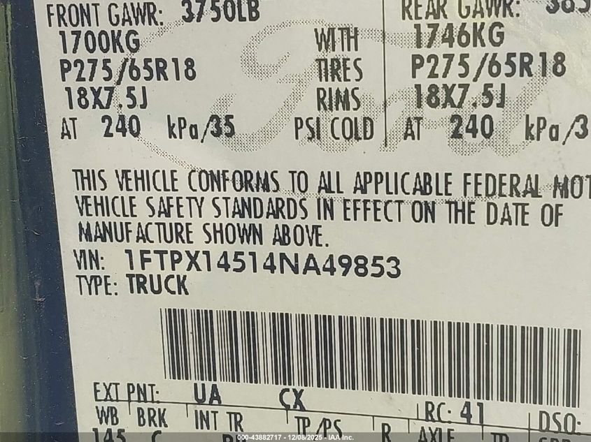 2004 Ford F-150 Fx4/Lariat/Xl/Xlt VIN: 1FTPX14514NA49853 Lot: 43882717