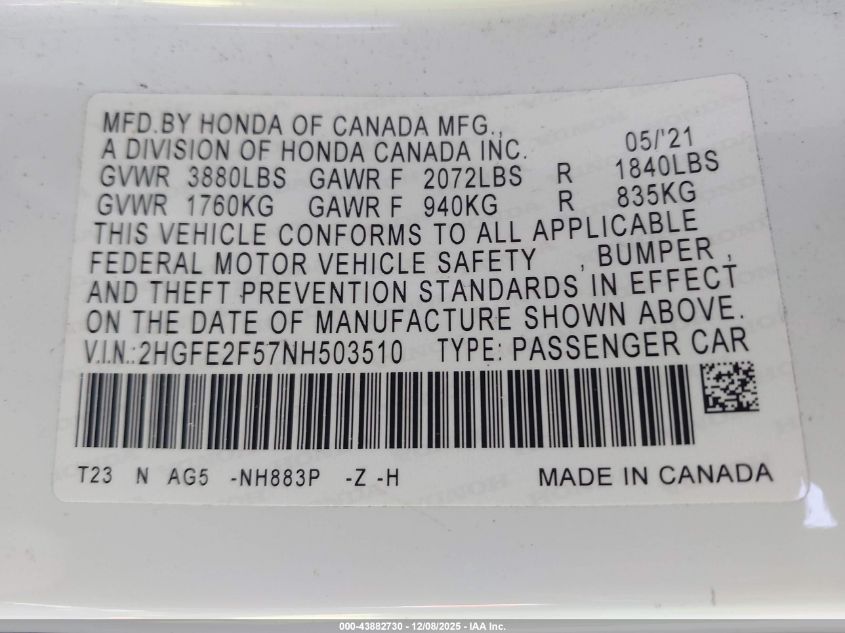 2022 Honda Civic Sport VIN: 2HGFE2F57NH503510 Lot: 43882730