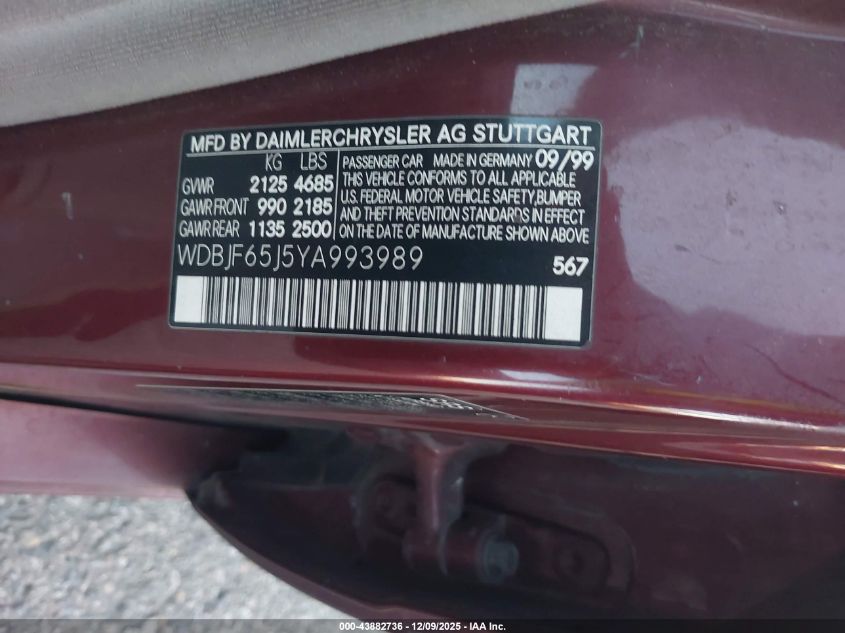 2000 Mercedes-Benz E 320 VIN: WDBJF65J5YA993989 Lot: 43882736