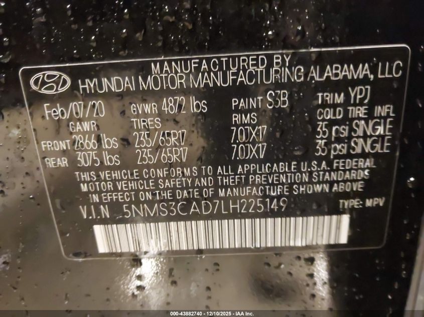 2020 Hyundai Santa Fe Sel VIN: 5NMS3CAD7LH225149 Lot: 43882740