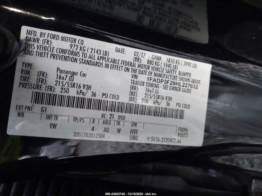 2017 Ford Focus Se VIN: 1FADP3F29HL227632 Lot: 43882745