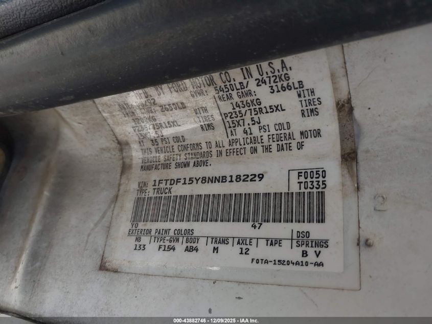 1992 Ford F150 VIN: 1FTDF15Y8NNB18229 Lot: 43882746