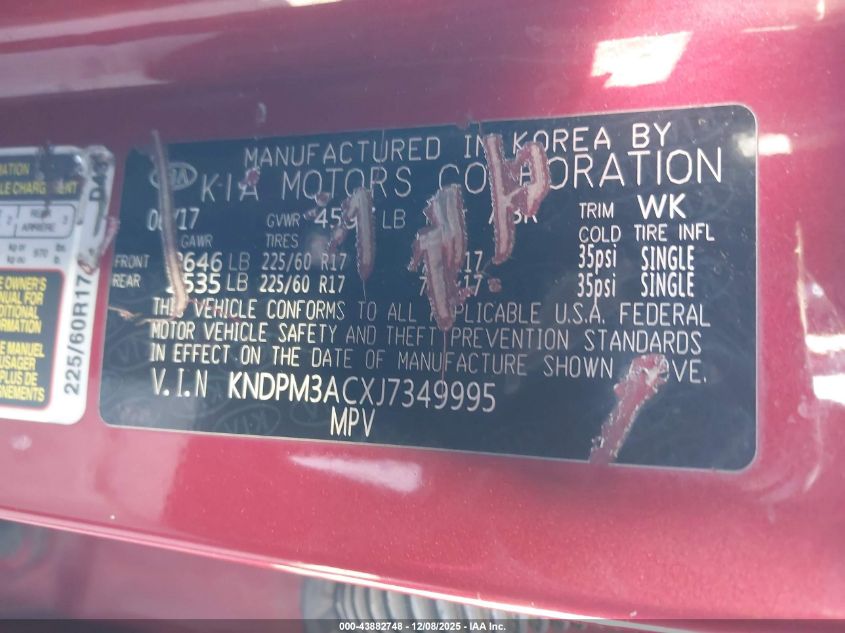 2018 Kia Sportage Lx VIN: KNDPM3ACXJ7349995 Lot: 43882748