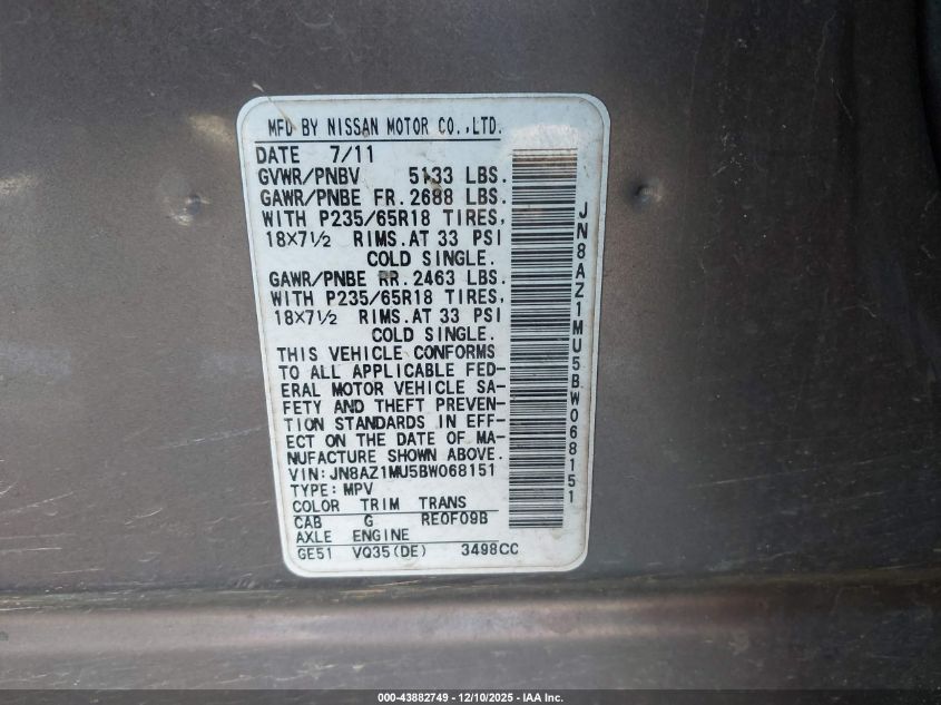 2011 Nissan Murano S VIN: JN8AZ1MU5BW068151 Lot: 43882749