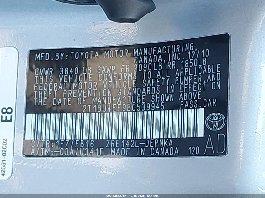 2011 Toyota Corolla Le VIN: 2T1BU4EE9BC539945 Lot: 43882757