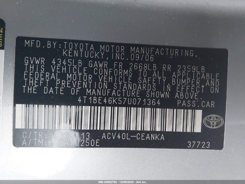 2007 Toyota Camry Le VIN: 4T1BE46K57U071364 Lot: 43882762