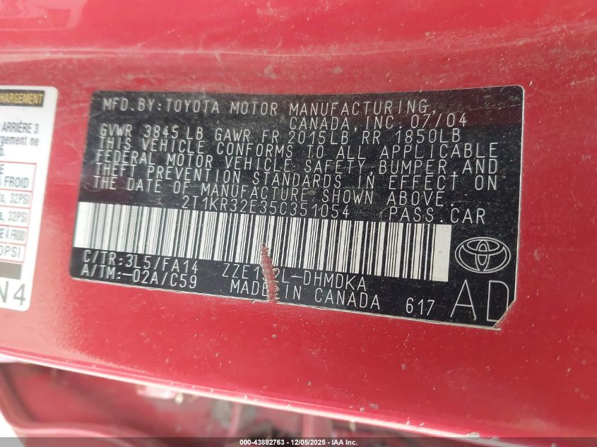 2005 Toyota Matrix VIN: 2T1KR32E35C351054 Lot: 43882763