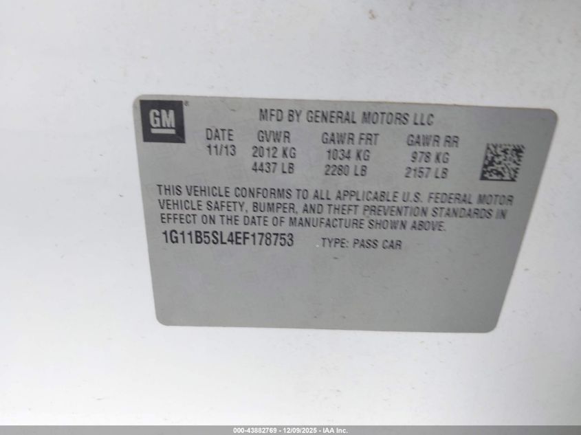 2014 Chevrolet Malibu 1Ls VIN: 1G11B5SL4EF178753 Lot: 43882769