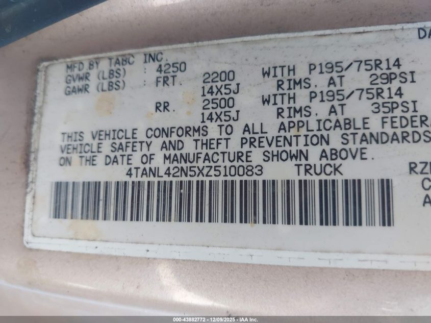 1999 Toyota Tacoma VIN: 4TANL42N5XZ510083 Lot: 43882772