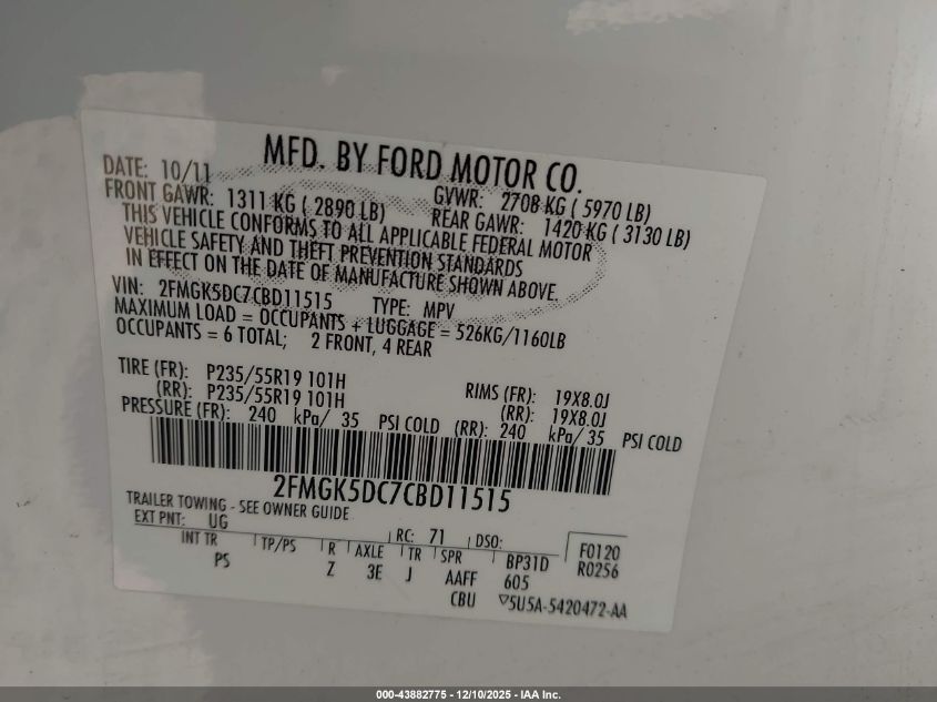 2012 Ford Flex Limited VIN: 2FMGK5DC7CBD11515 Lot: 43882775