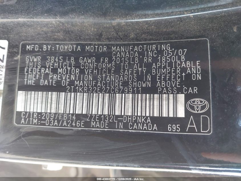 2007 Toyota Matrix Xr VIN: 2T1KR32E27C679911 Lot: 43882779