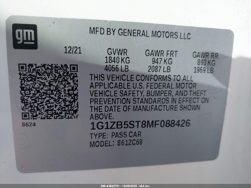 2021 Chevrolet Malibu Fwd Ls VIN: 1G1ZB5ST8MF088426 Lot: 43882781