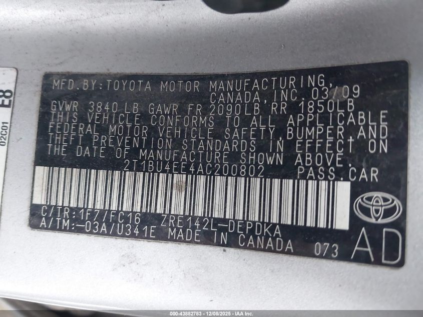 2010 Toyota Corolla Le VIN: 2T1BU4EE4AC200802 Lot: 43882783