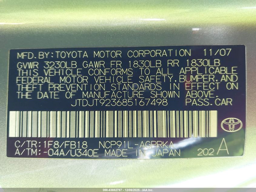 2008 Toyota Yaris VIN: JTDJT923685167498 Lot: 43882787