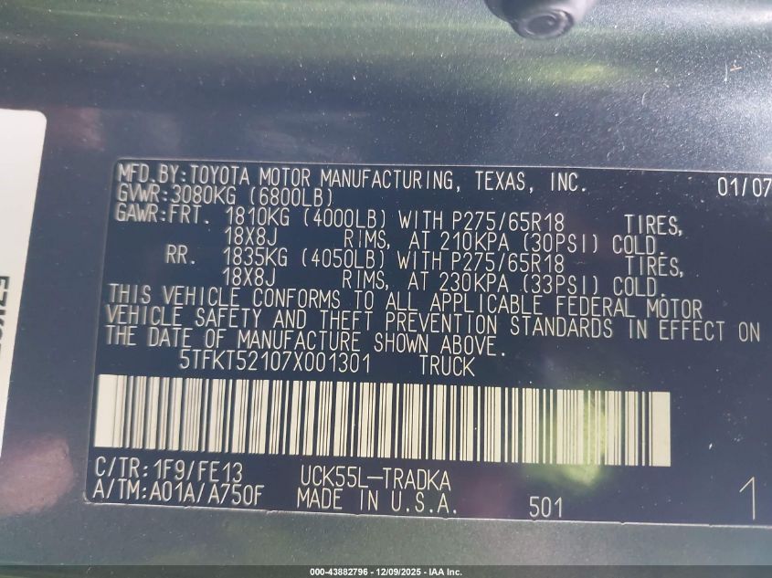 2007 Toyota Tundra Base 4.7L V8 VIN: 5TFKT52107X001301 Lot: 43882796