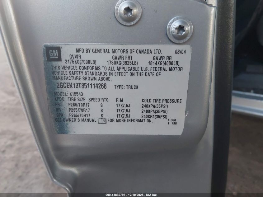 2005 Chevrolet Silverado 1500 Z71 VIN: 2GCEK13T851114268 Lot: 43882797