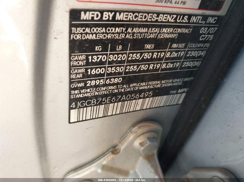 2007 Mercedes-Benz R 500 4Matic VIN: 4JGCB75E67A056495 Lot: 43882802