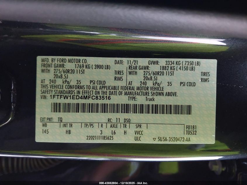 2021 Ford F-150 Lariat VIN: 1FTFW1ED4MFC83516 Lot: 43882804