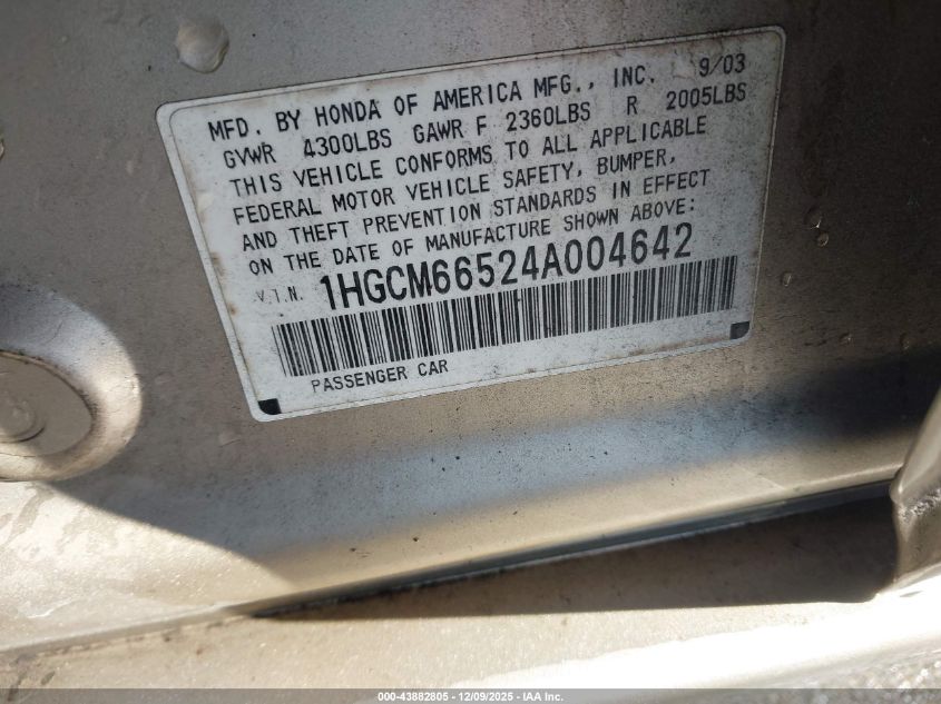 2004 Honda Accord 3.0 Ex VIN: 1HGCM66524A004642 Lot: 43882805