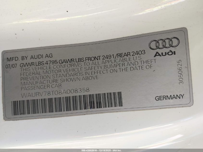 2008 Audi S5 4.2L VIN: WAURV78T08A008358 Lot: 43882816