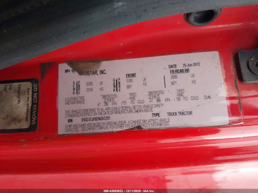 2013 International Prostar VIN: 3HSDJSJR8DN303281 Lot: 43882822