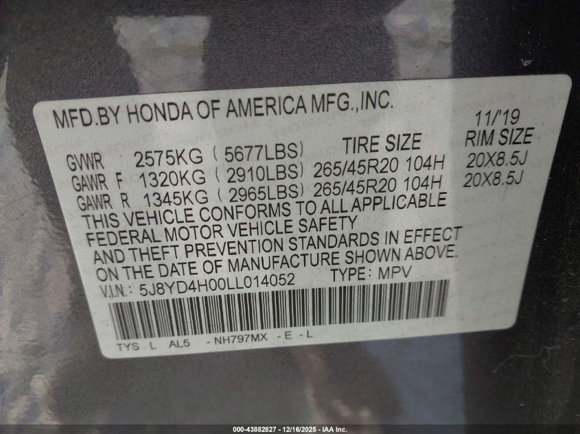 2020 Acura Mdx Technology A-Spec Packages VIN: 5J8YD4H00LL014052 Lot: 43882827