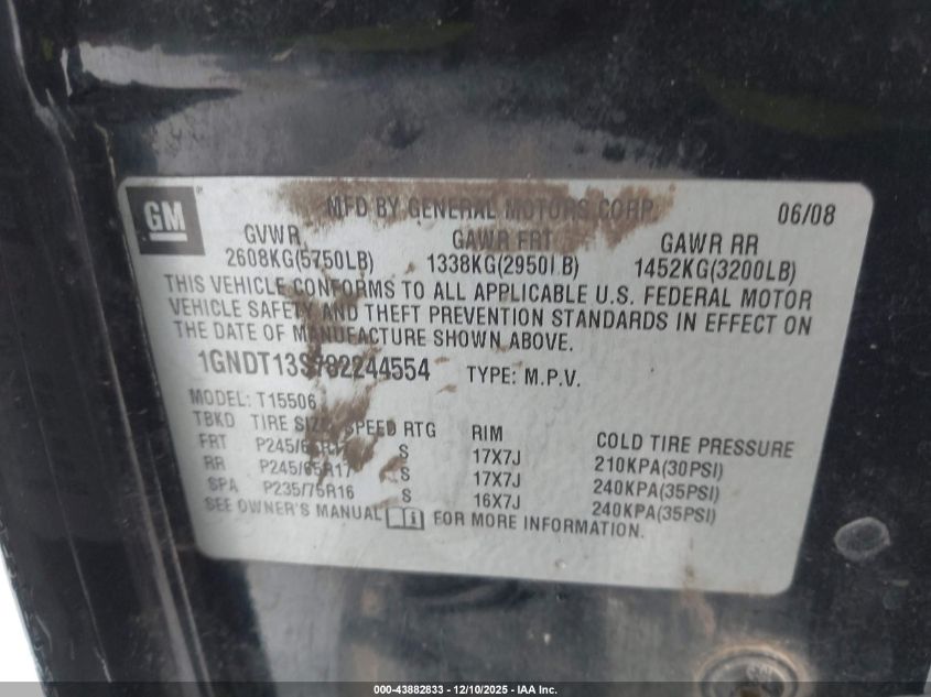 2008 Chevrolet Trailblazer Lt VIN: 1GNDT13S782244554 Lot: 43882833