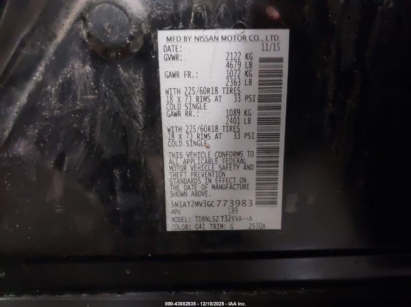 2016 Nissan Rogue Sl VIN: 5N1AT2MV3GC773983 Lot: 43882835