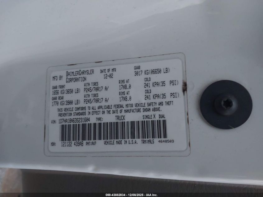 2003 Dodge Ram 1500 Slt/Laramie/St VIN: 1D7HA18N63S23160 Lot: 43882834