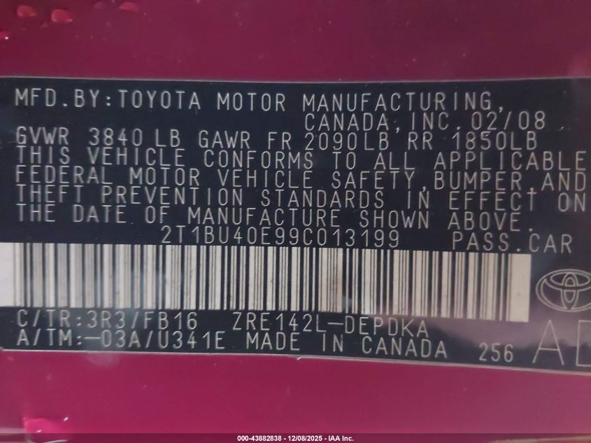 2009 Toyota Corolla Le VIN: 2T1BU40E99C013199 Lot: 43882838