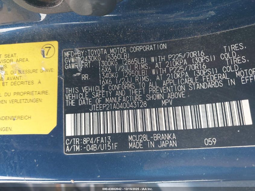 2004 Toyota Highlander V6 VIN: JTEEP21A040043128 Lot: 43882842