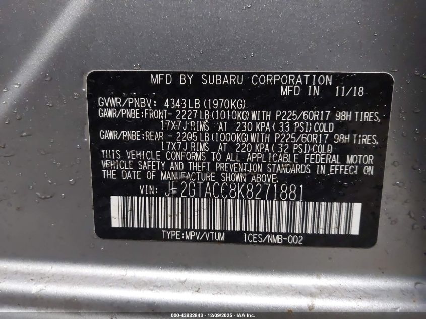 2019 Subaru Crosstrek 2.0I Premium VIN: JF2GTACC8K8271881 Lot: 43882843