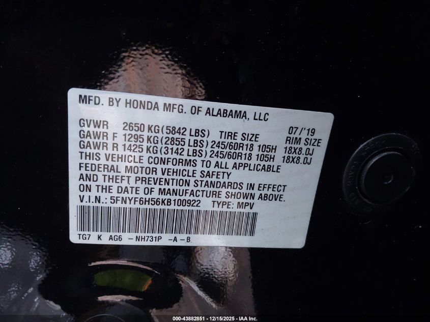 2019 Honda Pilot Ex-L VIN: 5FNYF6H56KB100922 Lot: 43882851