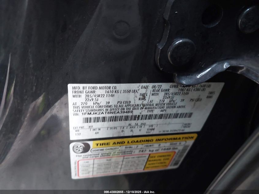 2022 Ford Expedition Max Limited VIN: 1FMJK2AT8NEA39489 Lot: 43882855