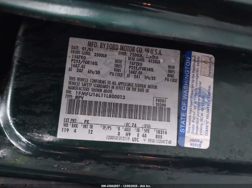 2001 Ford Expedition Xlt VIN: 1FMFU16L11LB00013 Lot: 43882857