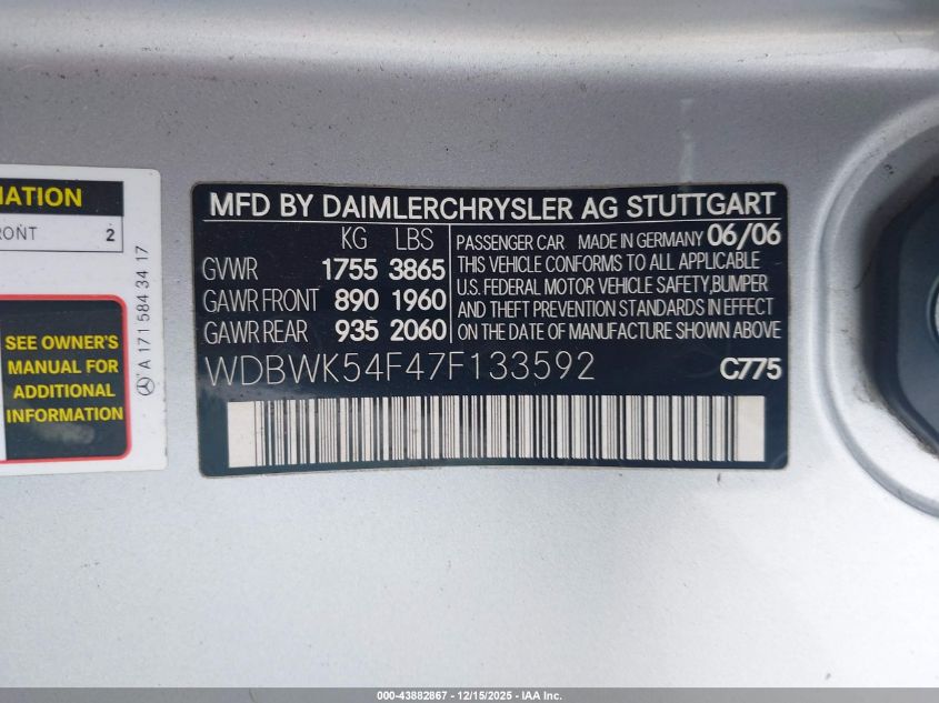 2007 Mercedes-Benz Slk 280 VIN: WDBWK54F47F133592 Lot: 43882867