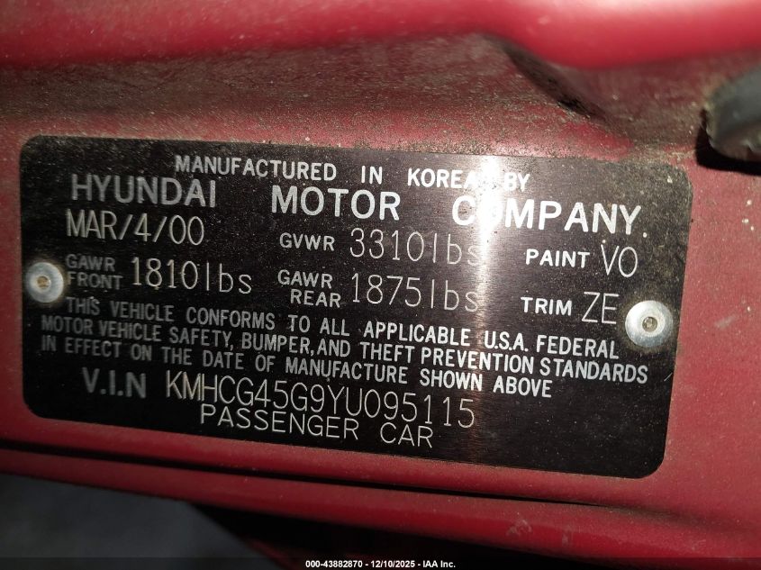 2000 Hyundai Accent Gl VIN: KMHCG45G9YU095115 Lot: 43882870